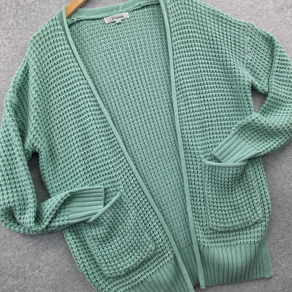 Cottagecore Whimsy RISESUN Open Front WAFFLE KNIT Cardigan Womens M Mint Green